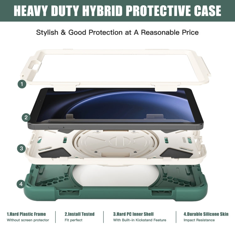 Samsung Galaxy Tab A9+ case featuring a rotary handle, pen slot, and shoulder strap, made from durable TPU and PC materials.